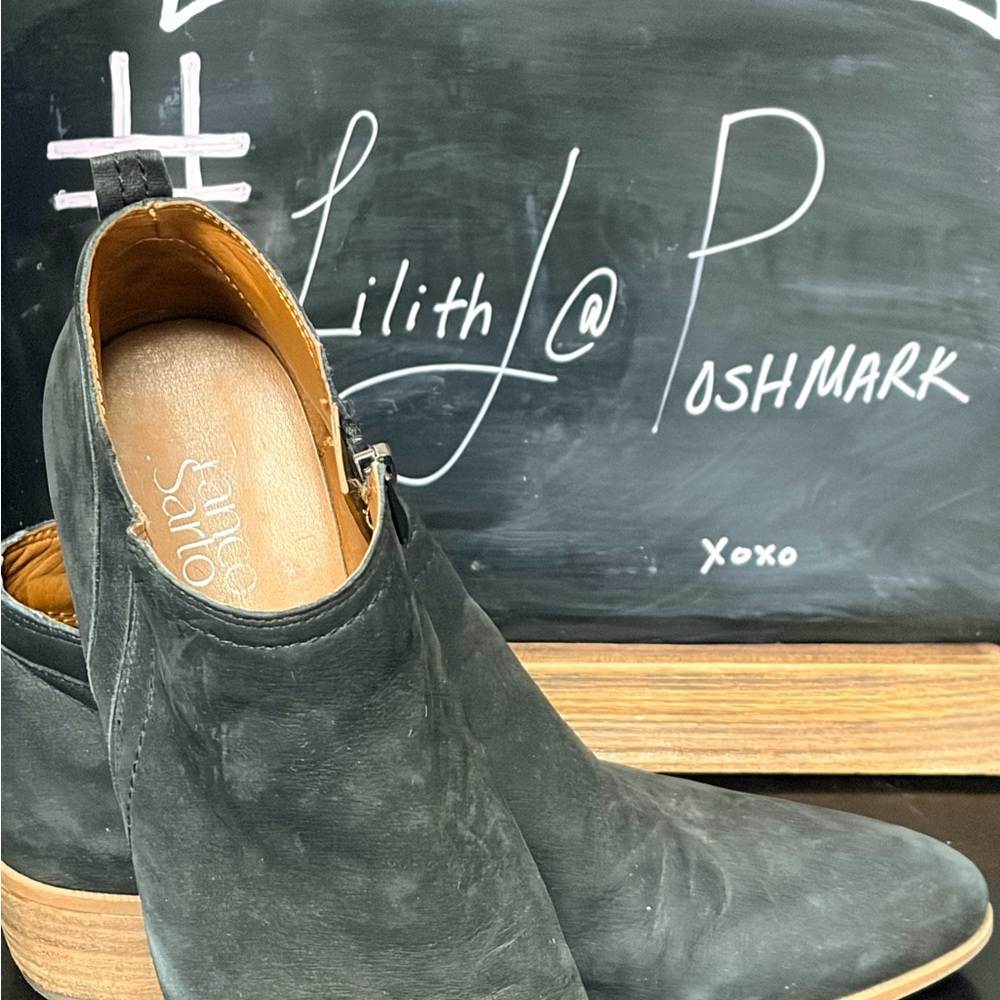 Franco Sarto Black Suede Ankle Booties with Stacked Wood Heel